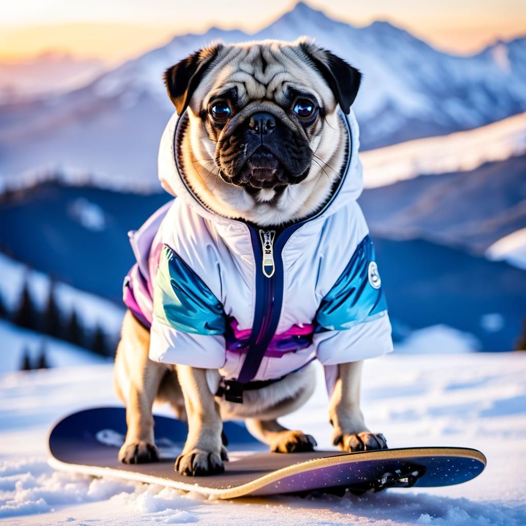 Pug Dog Snowboarder at the Winter Olympics
