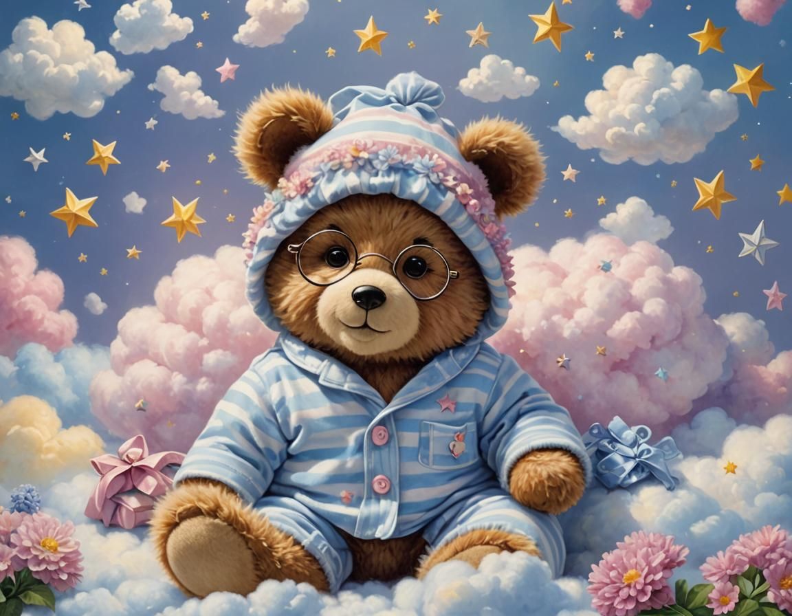 Teddy Bear in Dreamy Cloudscape, Kinkade Style