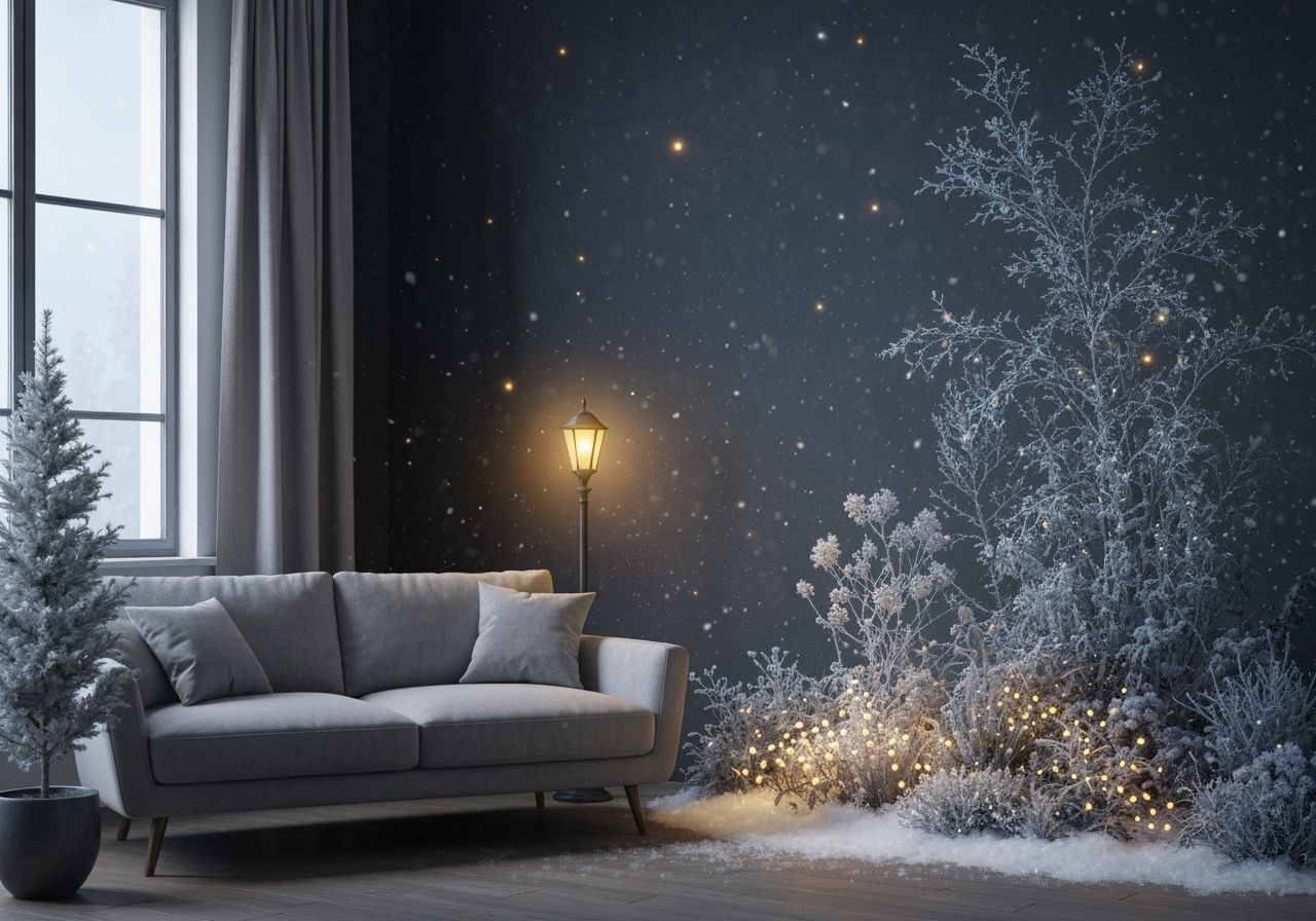 Winter Garden in Cozy Living Room at Night