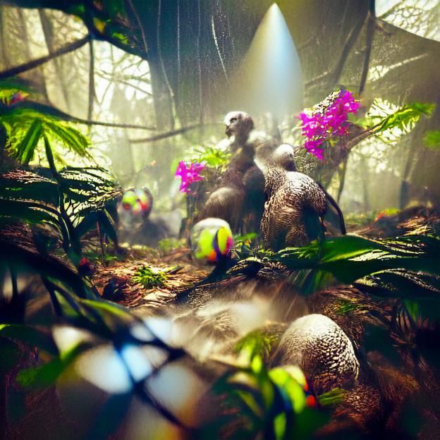 Velociraptors Protecting Eggs in Rainforest Nest