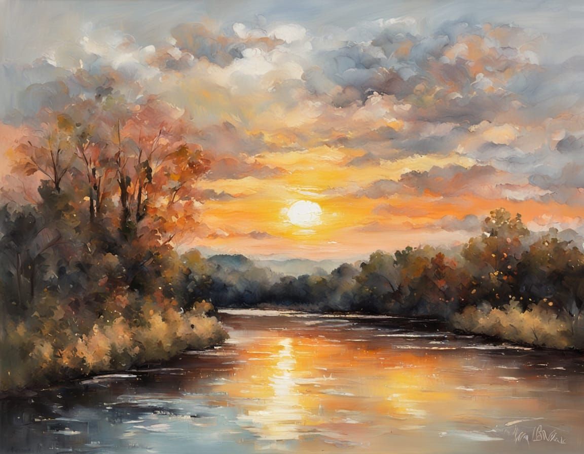 Impressionist River Sunset Mixed Media Painting