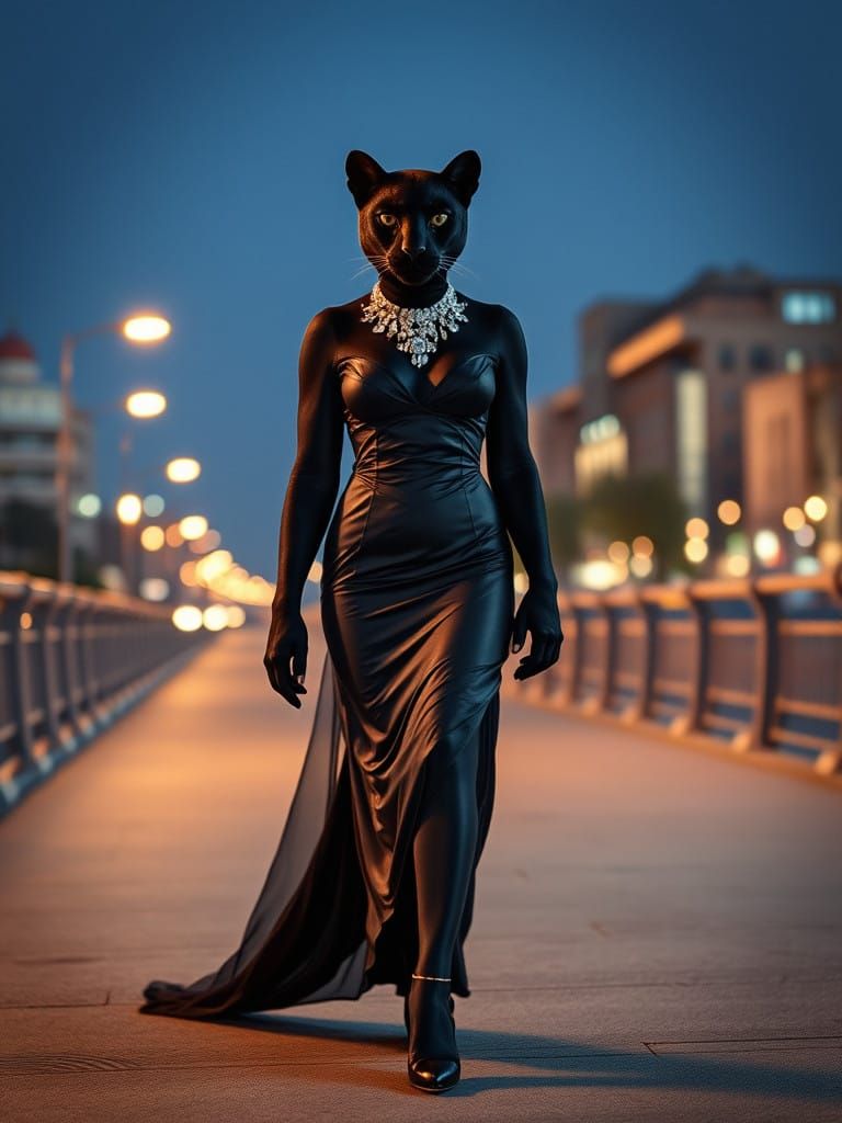 Glamorous Black Panther Strolls Along City Embankment