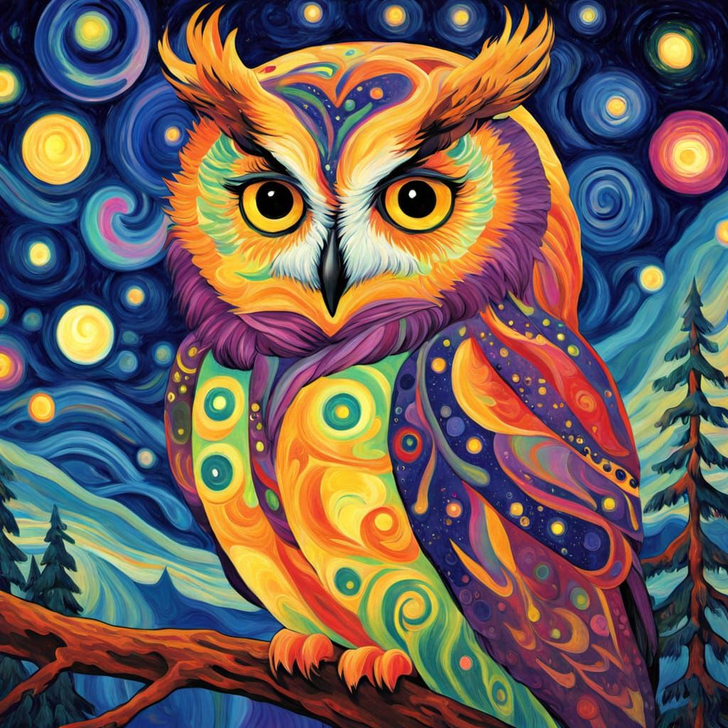 Starry Night Owl Under Celestial Aurora in Fauvist Style