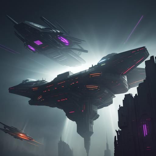 Futuristic Cityscape Under Alien Invasion: Sci-Fi Illustrati...