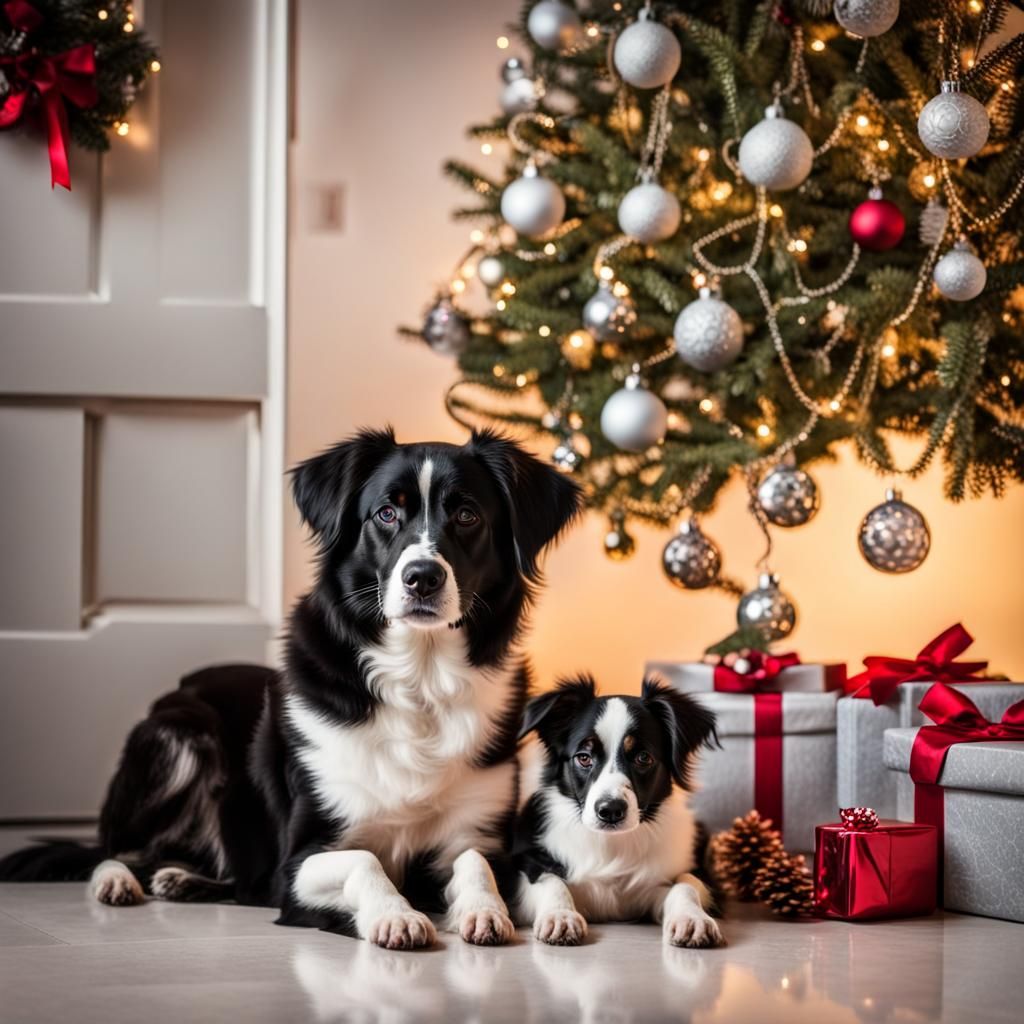Dog with Puppies by Christmas Tree
