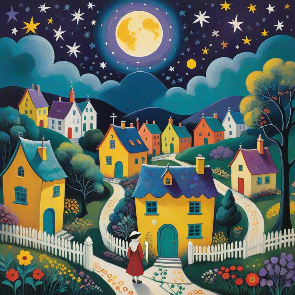 Whimsical Folk-Art Village Under a Starry Night Sky