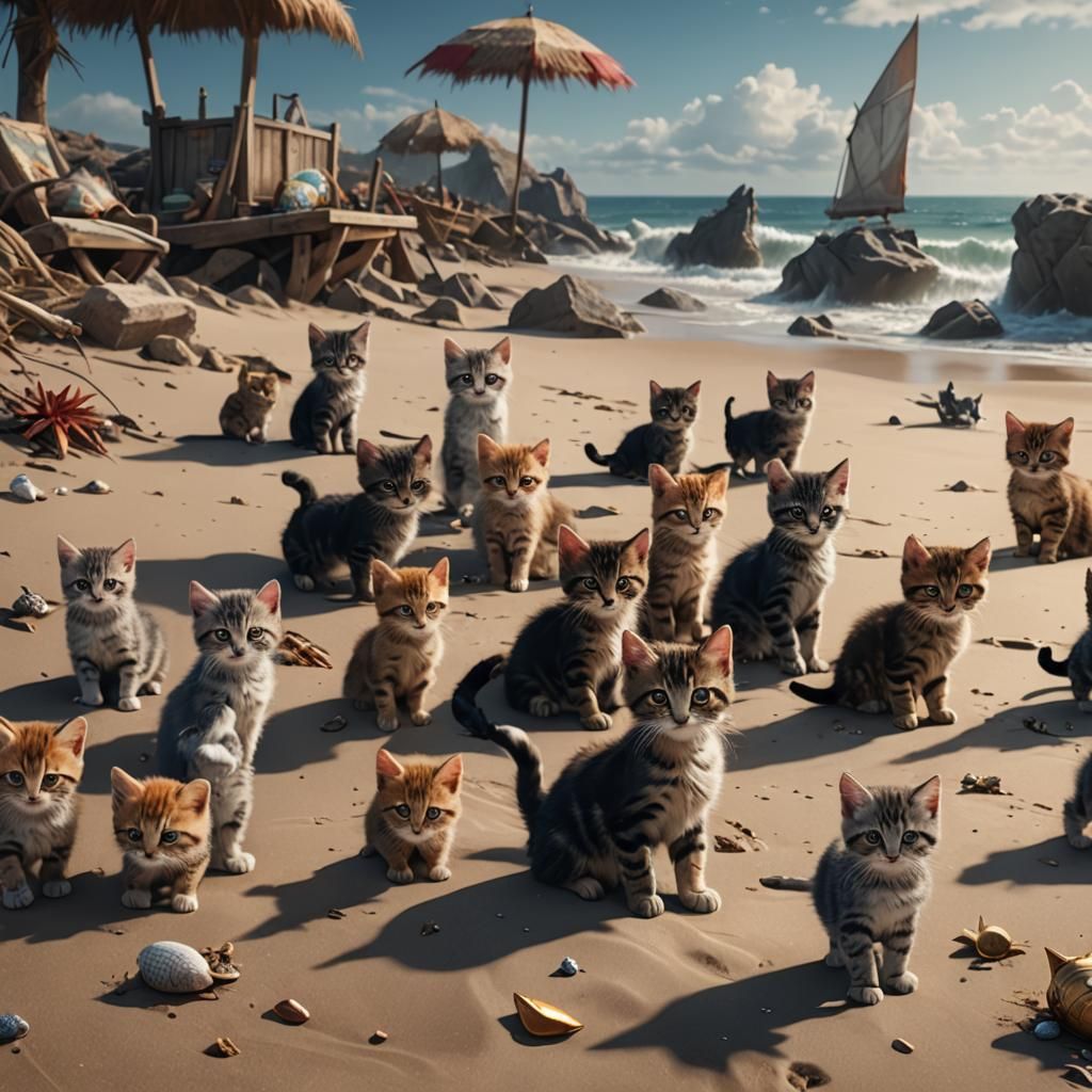 Kittens Play on Beach in Detailed Digital Painting