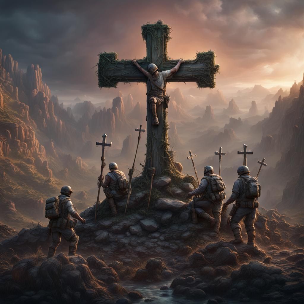 Detailed Cross with Soldiers: Fantasy Concept Art