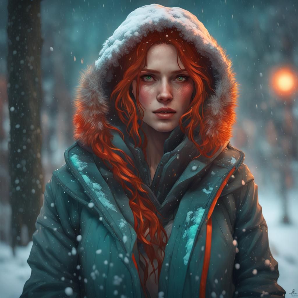 Red-Haired Woman in Snowstorm, Hyperdetailed Concept Art