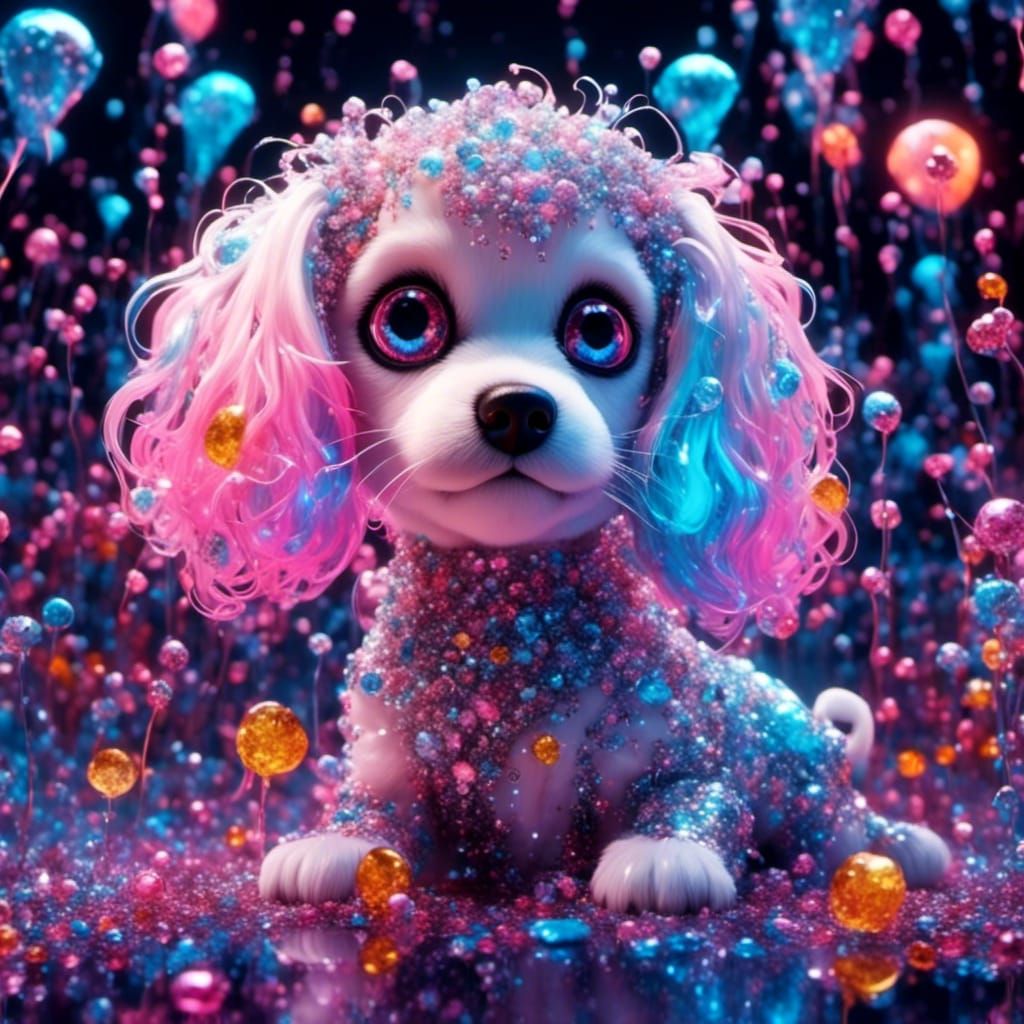 Bioluminescent Glitterpunk Dog in Candy Art Style