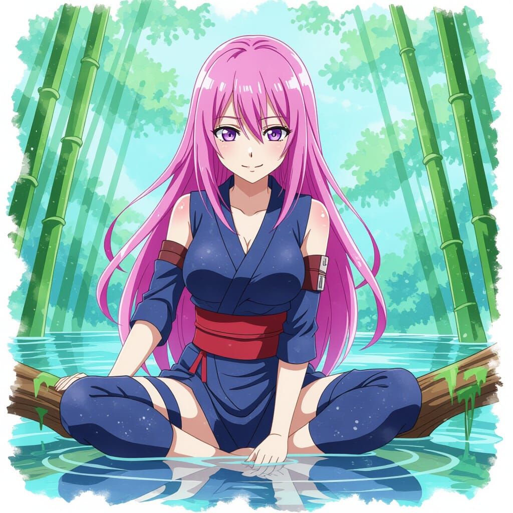 Anime Ninja Girl on Branch in Cel-Shaded Style