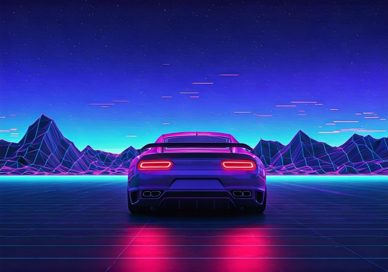 Neon Sports Car Speeding in Vaporwave Pixel Art