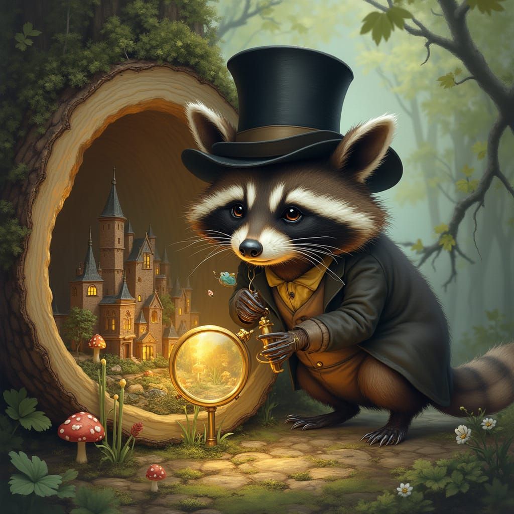 Whimsical Raccoon in Top Hat Examines Miniature City