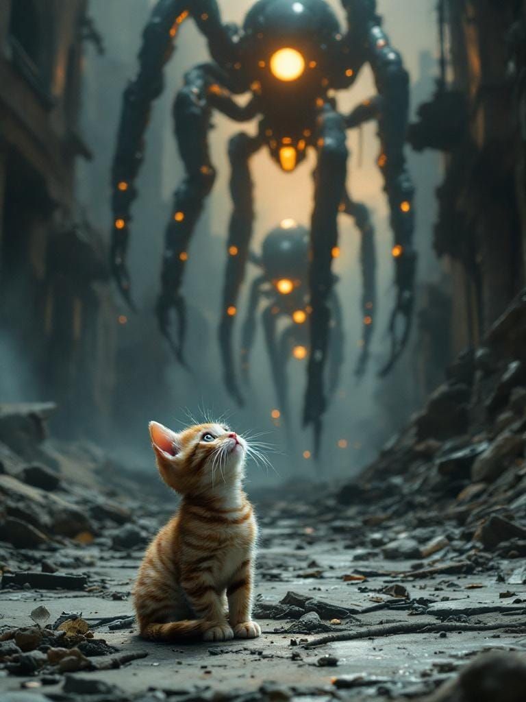 Tabby Kitten Stares at Ruined City in Post-Apocalyptic Style