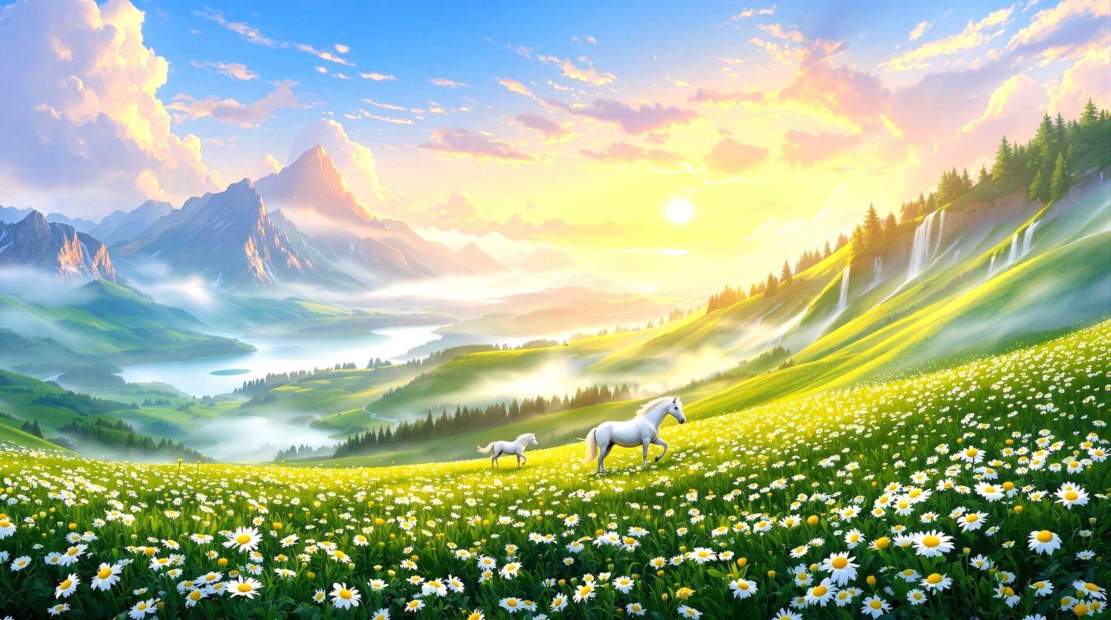 White Horses in a Misty Mountain Paradise