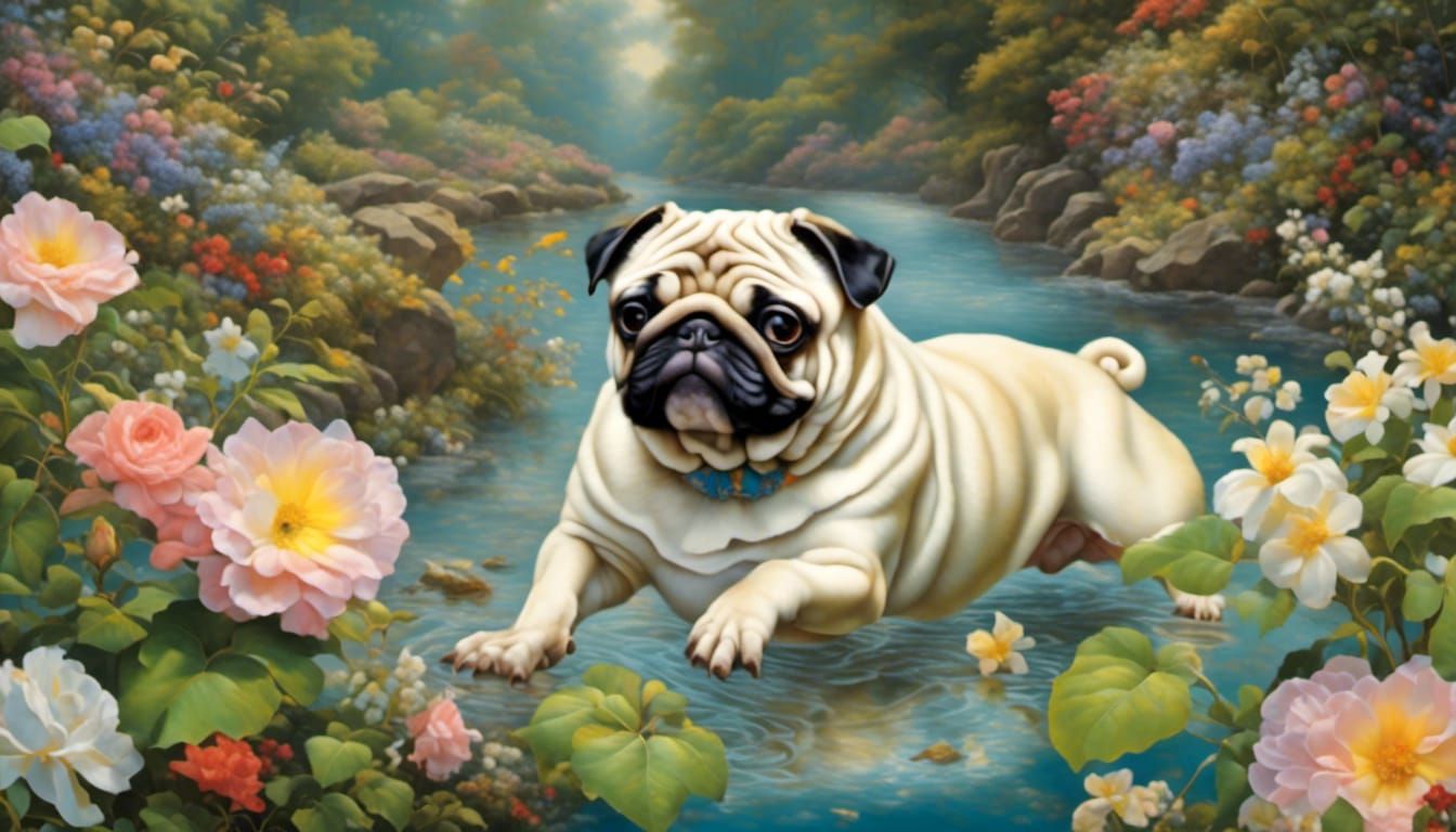 Pug's Playful Pursuit of a Frog in Stream