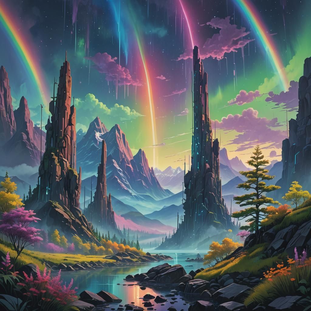Iridescent Rainbow Pillars Ascend in Ethereal Landscape