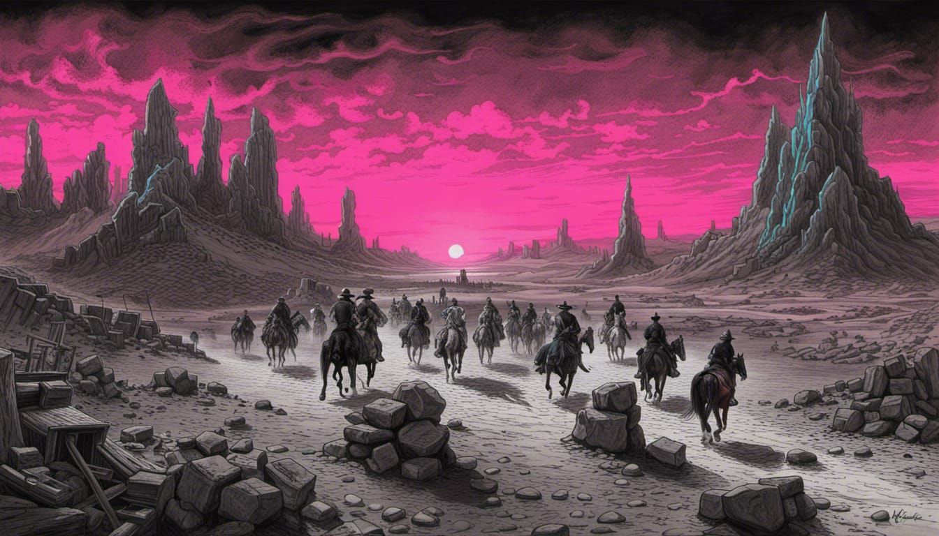 Settlers Trek Through Synthwave Wastelands: Charcoal Drawing