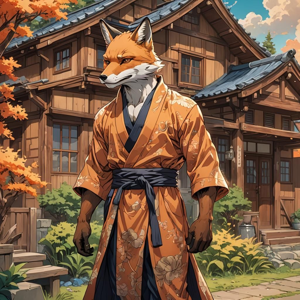 Fox-Man in Open Robe: Manga-Style Illustration