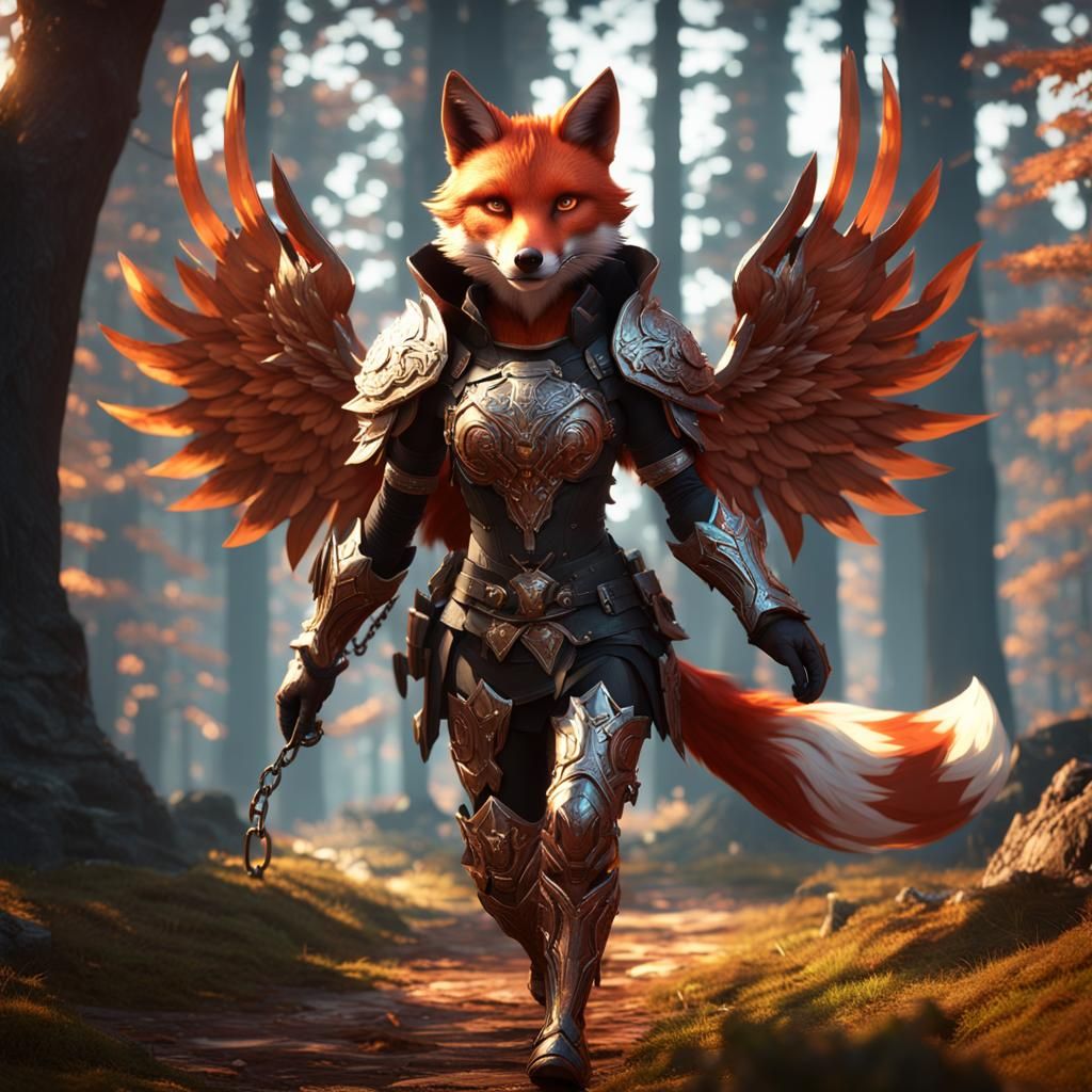 Winged Fox Goddess Runs with Red Horse