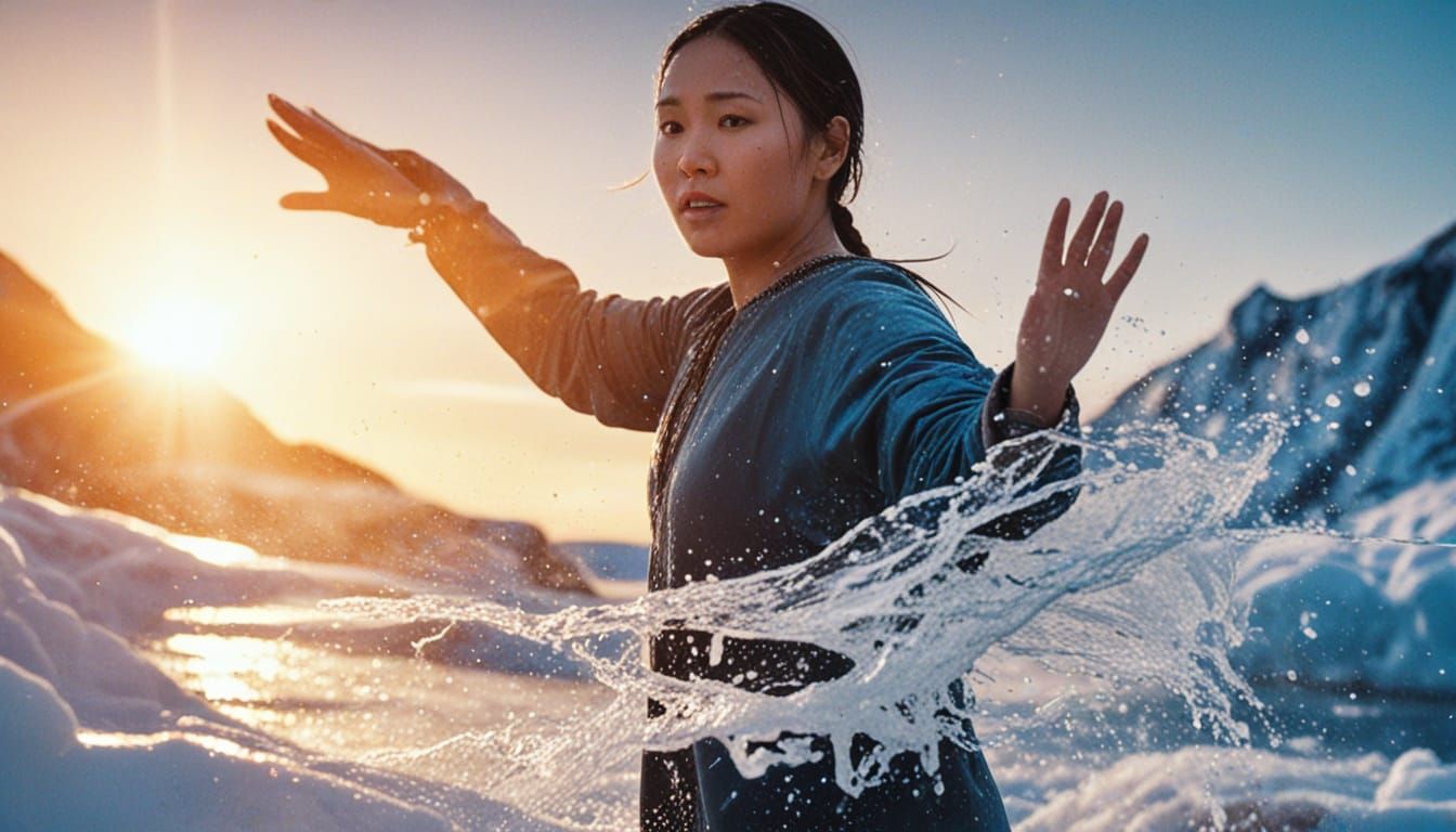 Cinematic Inuit Water Bender in Golden Light