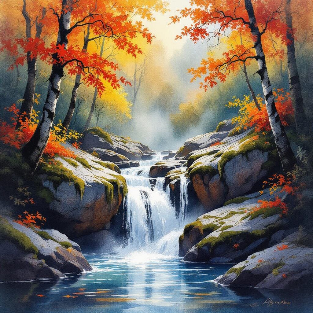 Autumn Waterfall Landscape in Expressive Watercolor Style