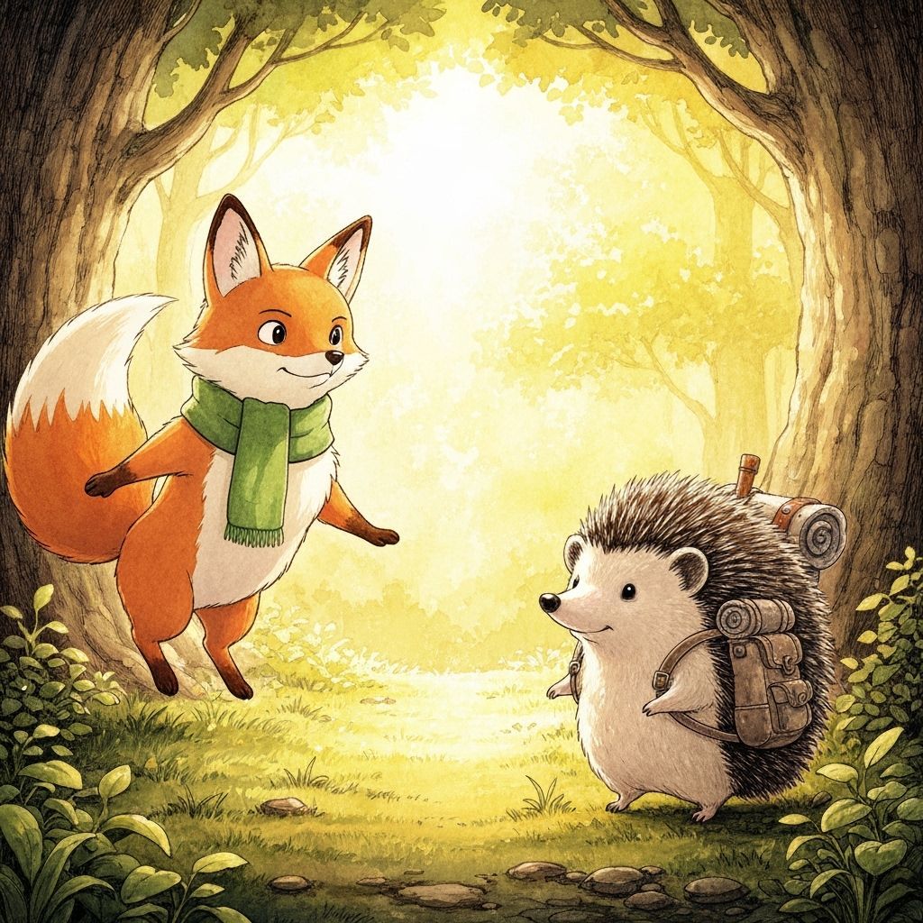 Fox and Hedgehog in Enchanted Forest, Watercolor Style