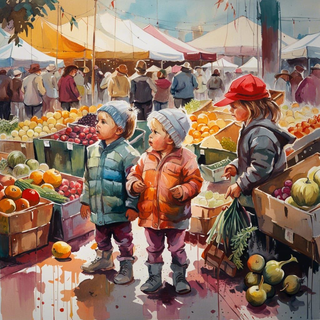 Toddlers at Farmers Market Oil Painting