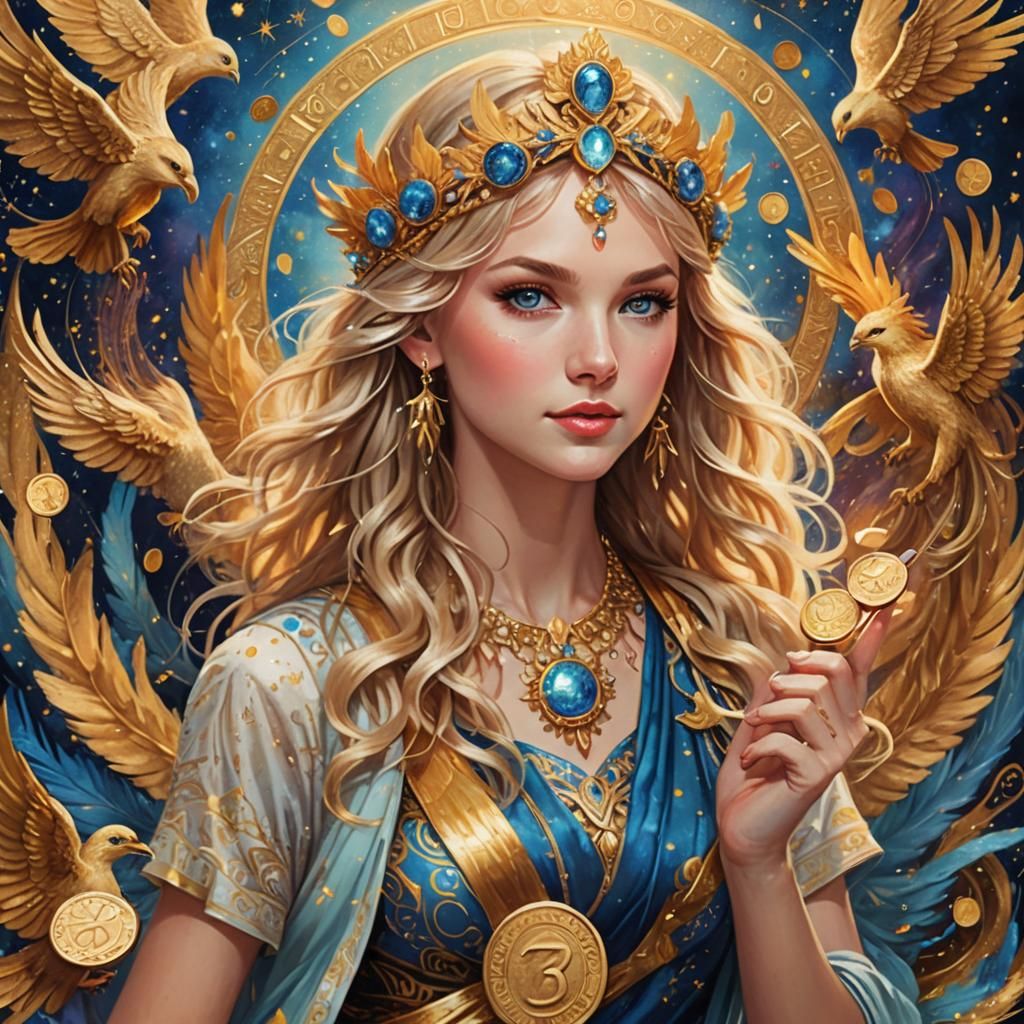 Blonde Tarot Reader with Phoenix Headband, Digital Art