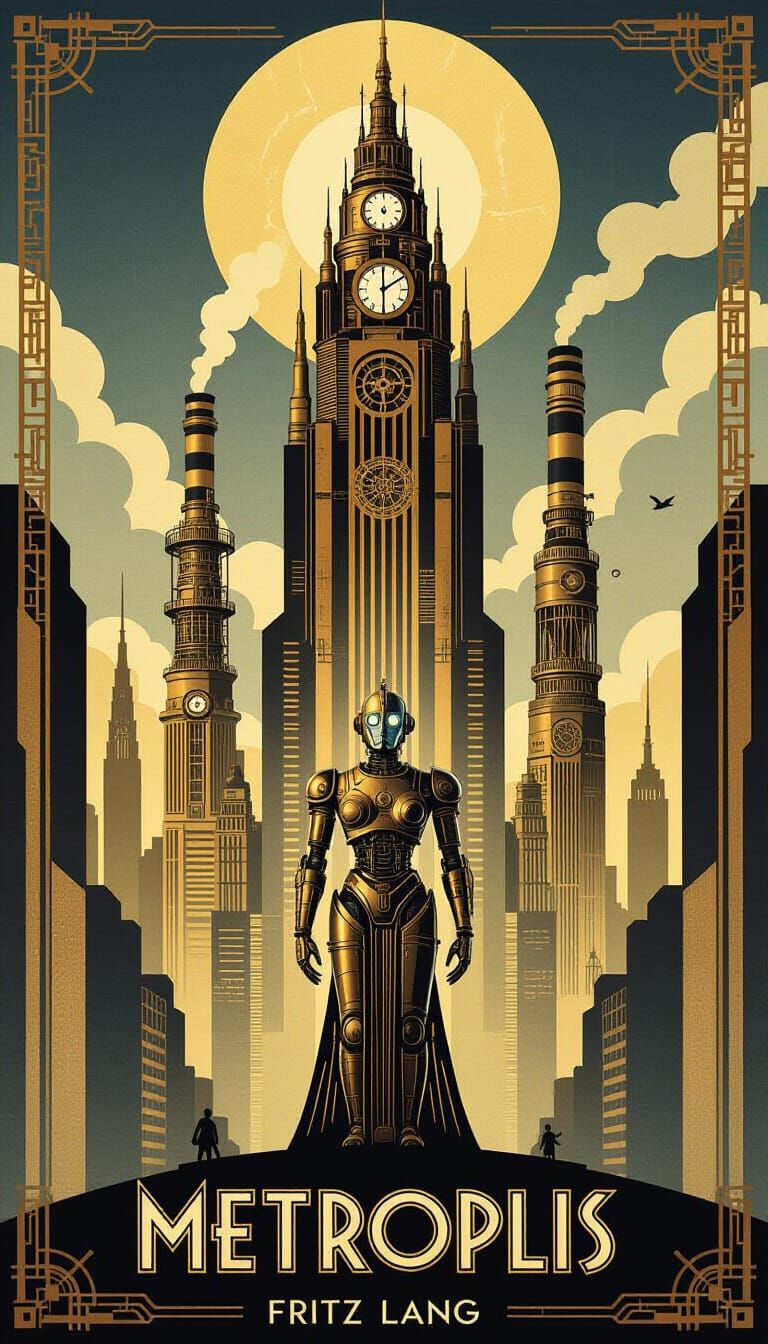 Steampunk Metropolis Movie Poster in Art Deco Style