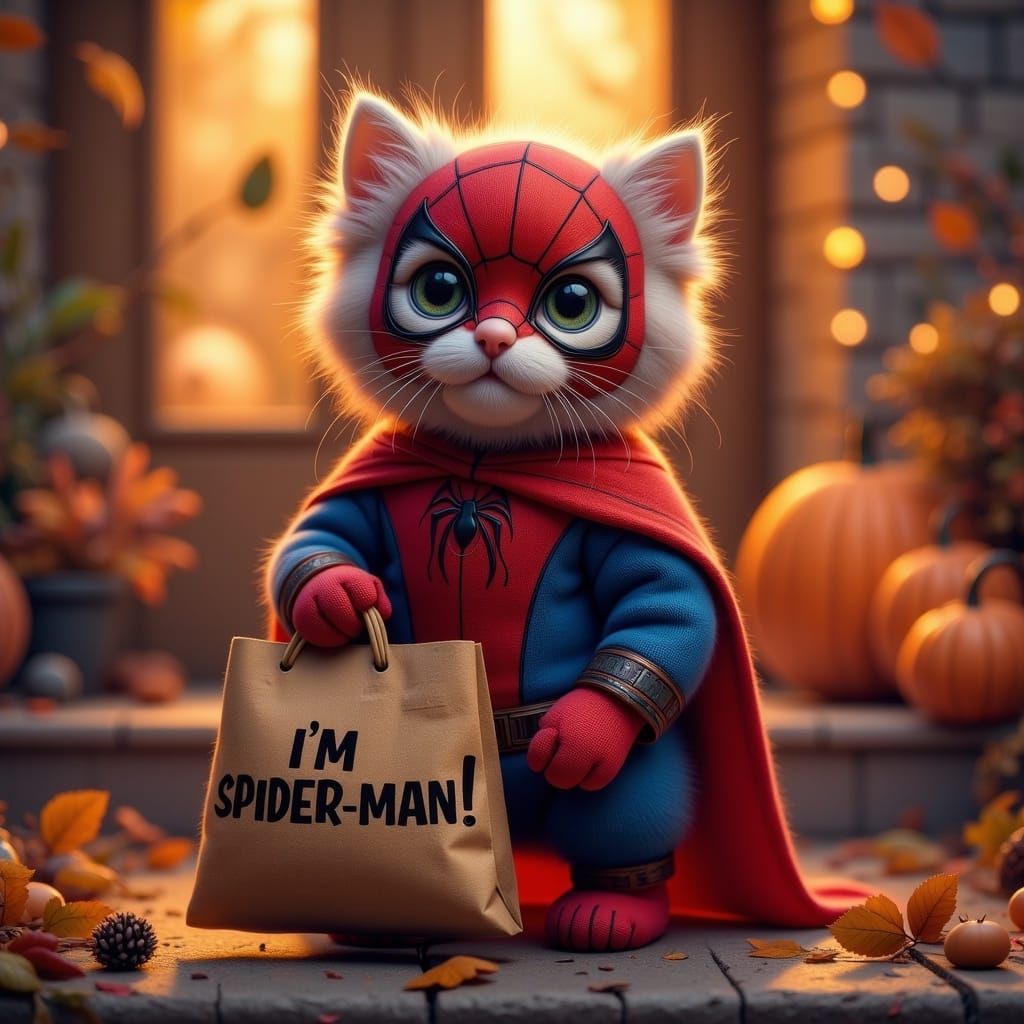 Kitten as Spiderman on Halloween Porch