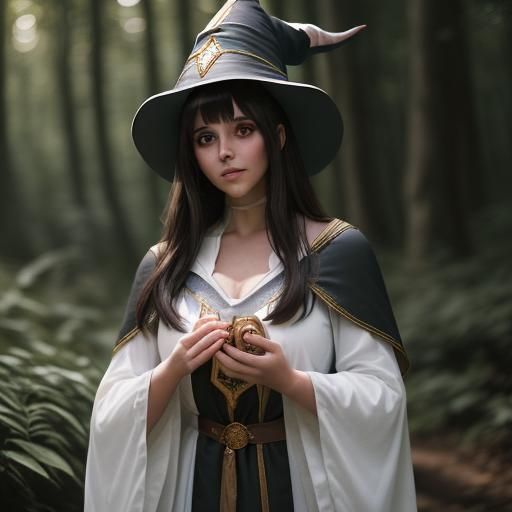 Brunette Wizard in Forest at Sunset
