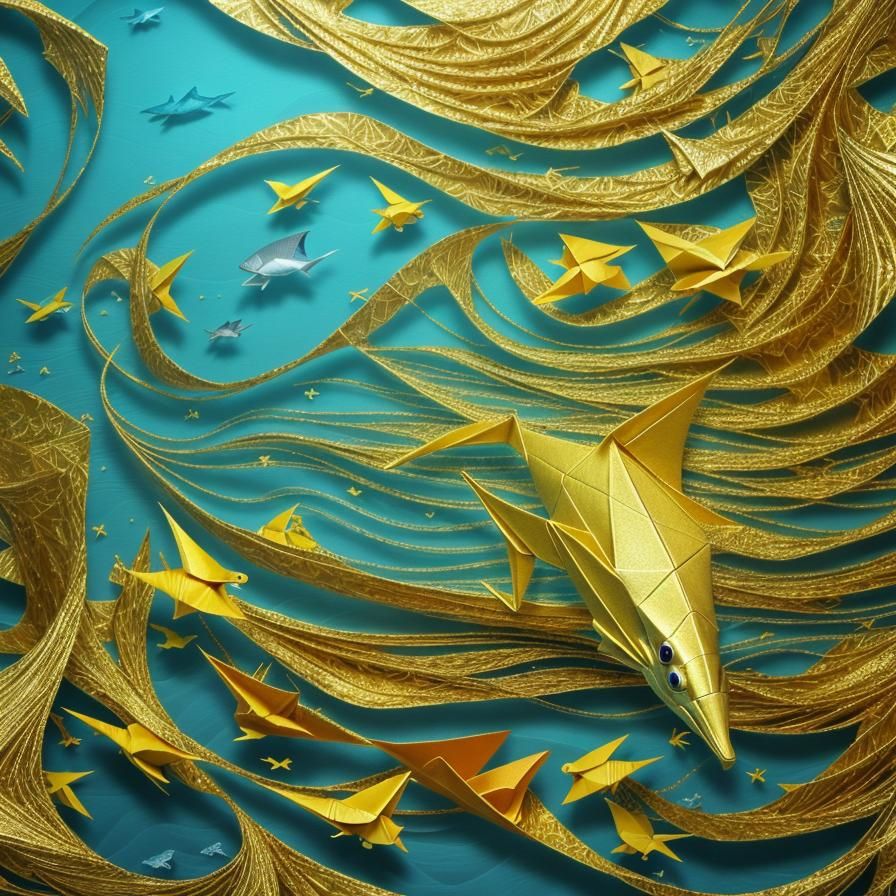 Origami Goldfish Swimming in Abstract Ocean
