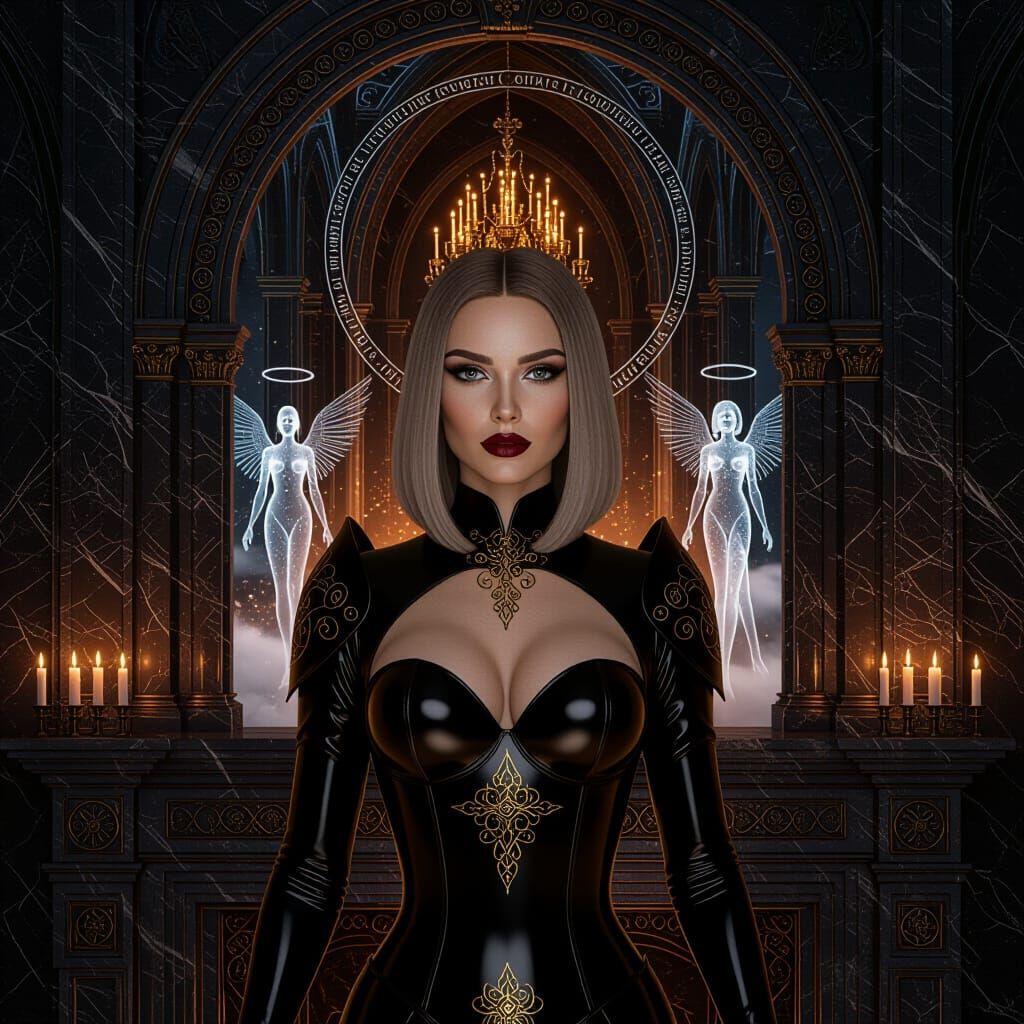 Cyber-Baroque Woman Emerges from Gothic Portal