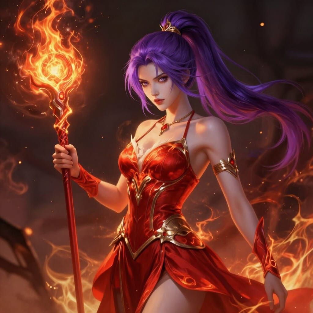 Fiery Sorceress with Purple Hair and Mage Staff