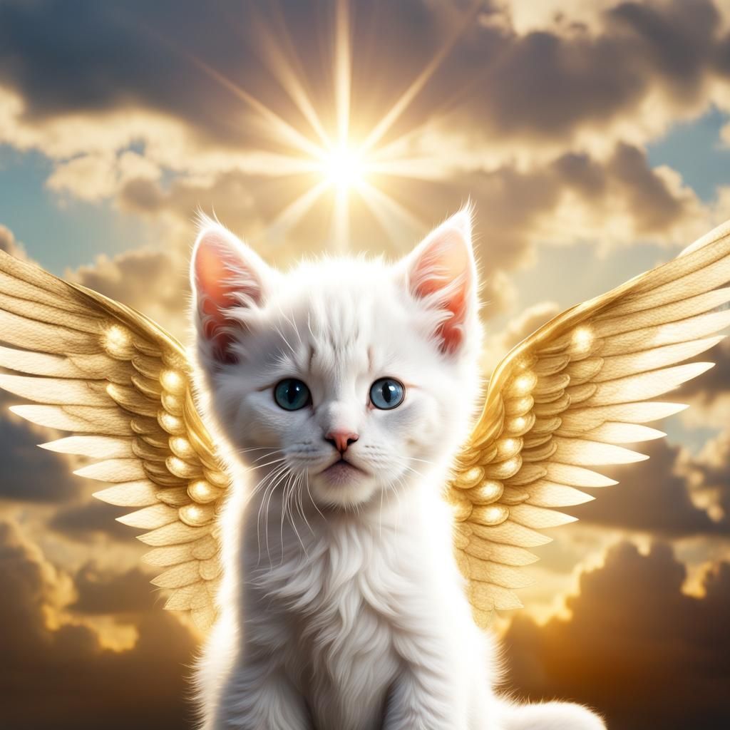 Winged Kitten with Unicorn Horn in Divine Light