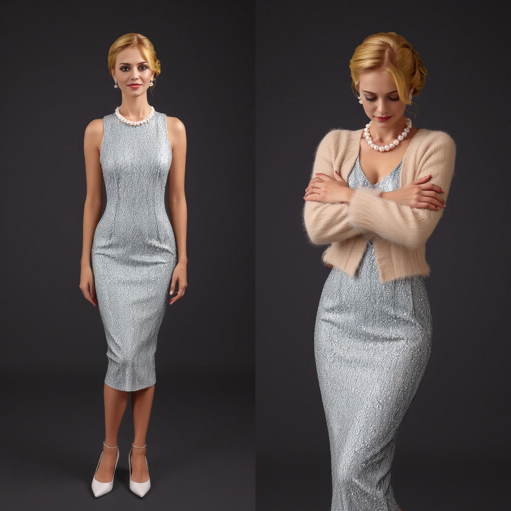 Elegant Woman in Dress and Cardigan: Digital Art