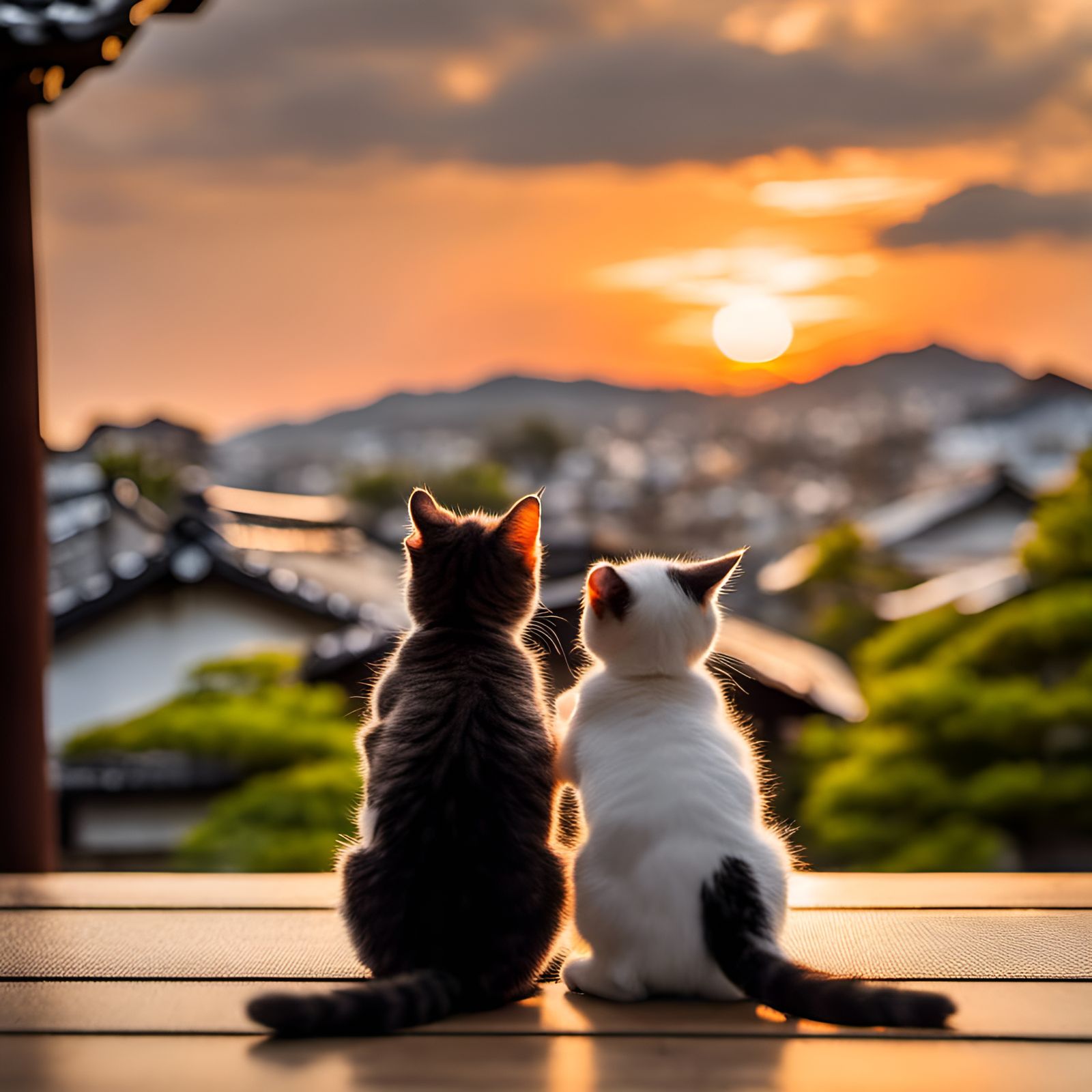 Kittens Watch Kyoto Sunset Together