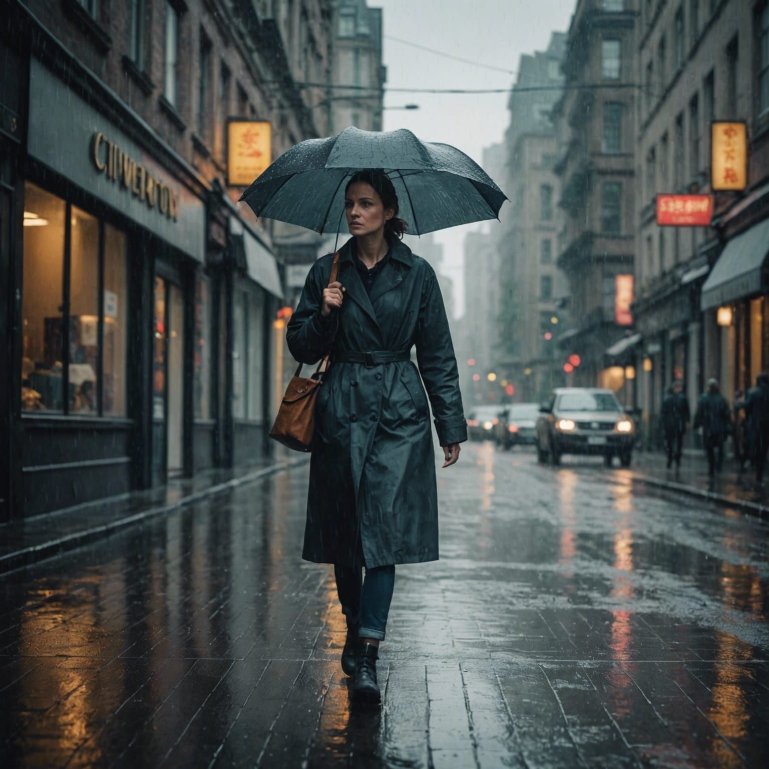 Woman Walking on a Rainy Day: Cinematic Film Still