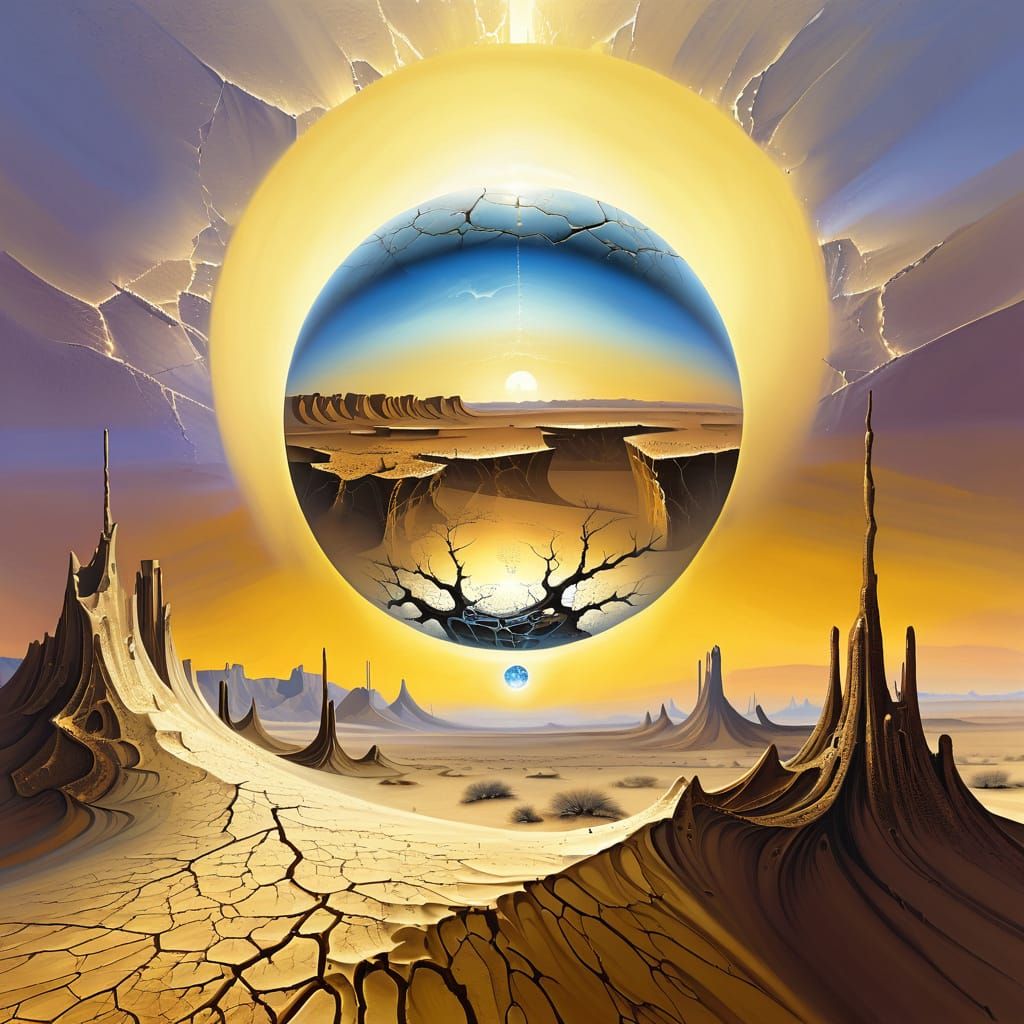 Surreal Golden Orb Above Cracked Desert Landscape