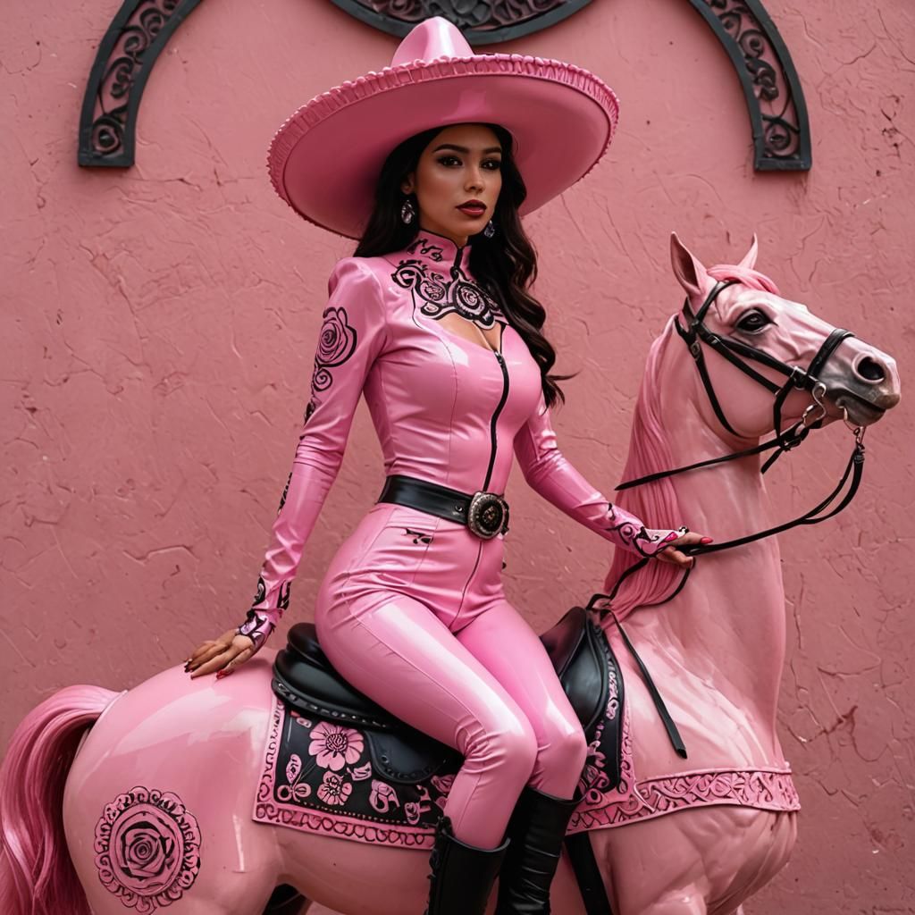 Woman in Pink Latex Outfit on Latex Horse