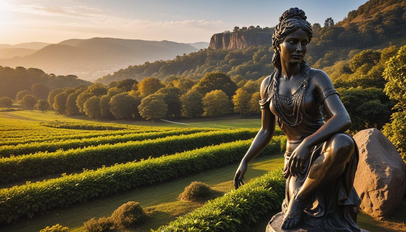 Gilded Statue of a Majestic Woman in a Cityscape