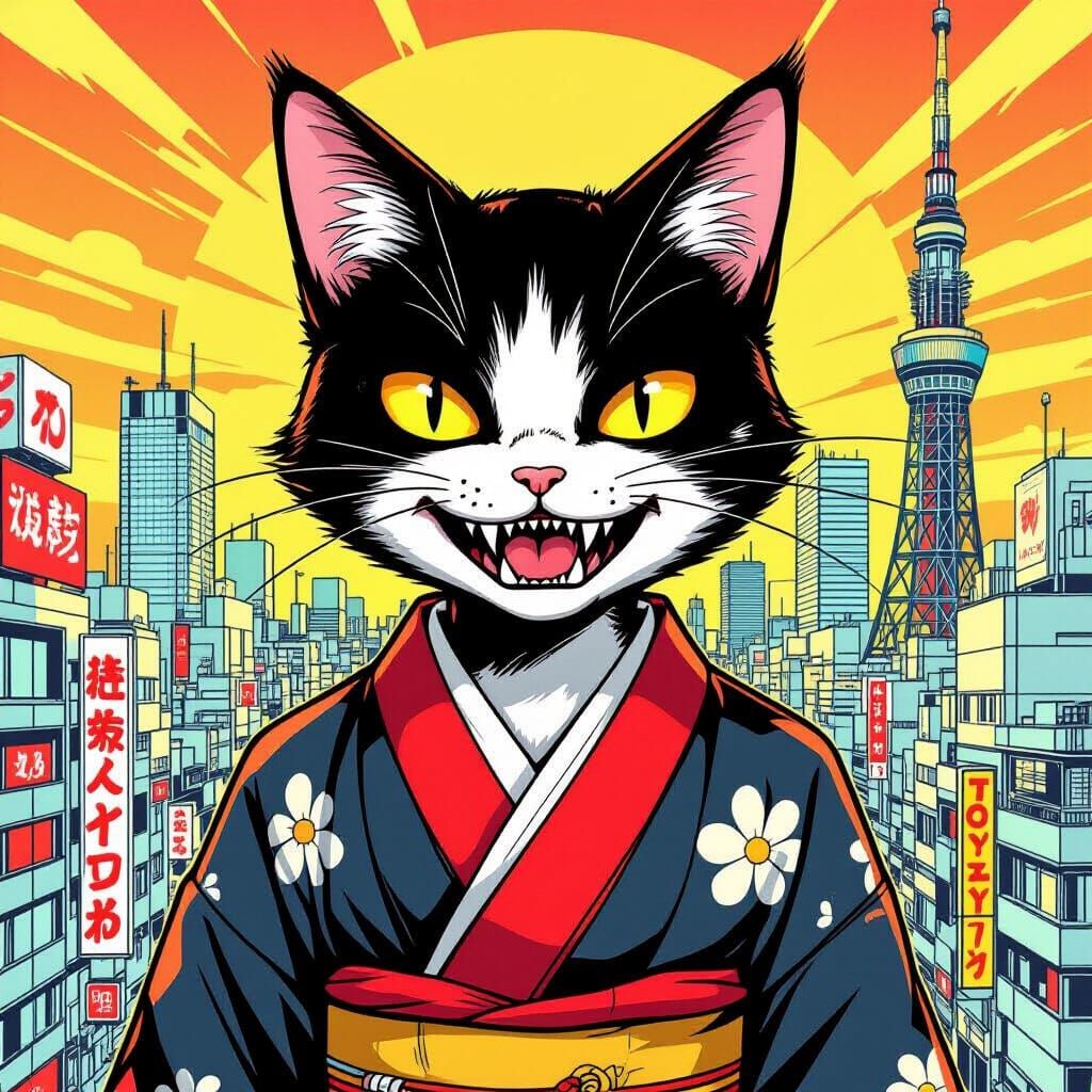 Humanoid Cat in Manga Style Tokyo Cityscape