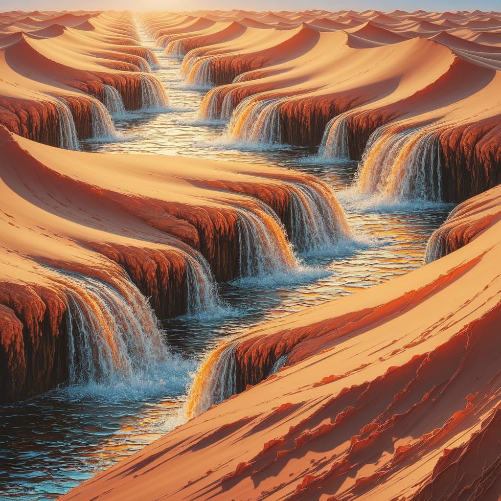 Desert Hallucination Involving a Cascade of Waterfalls