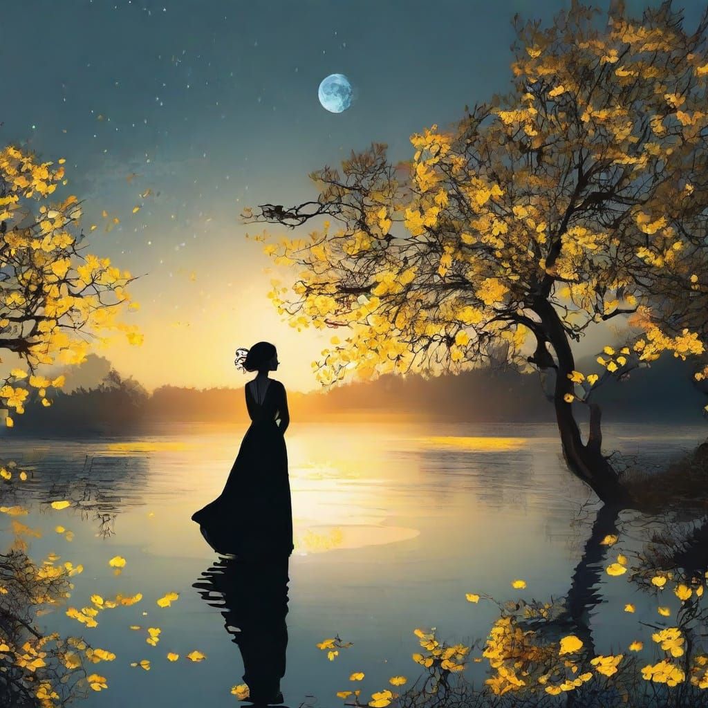 Moonlit Lake with Glowing Flowers and Woman in Dress