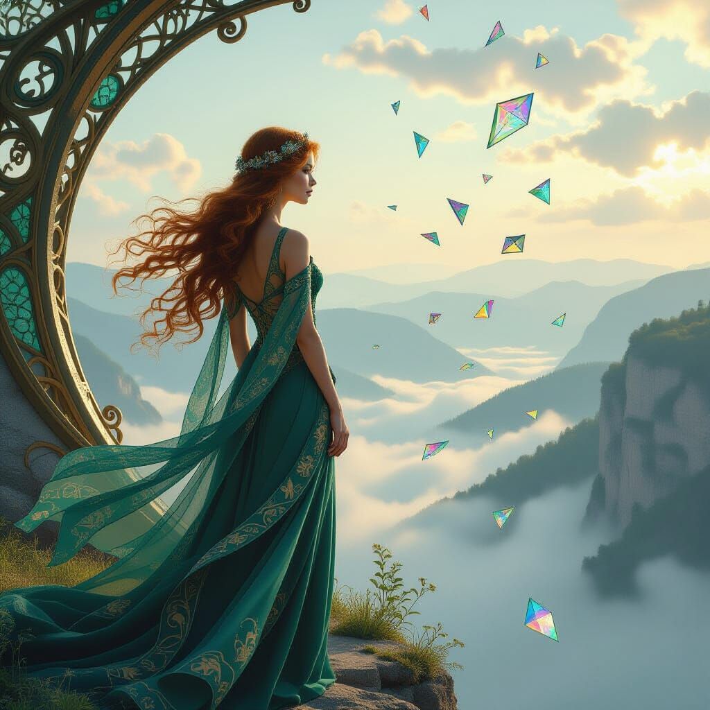 Art Nouveau Girl Overlooking Mist Valley