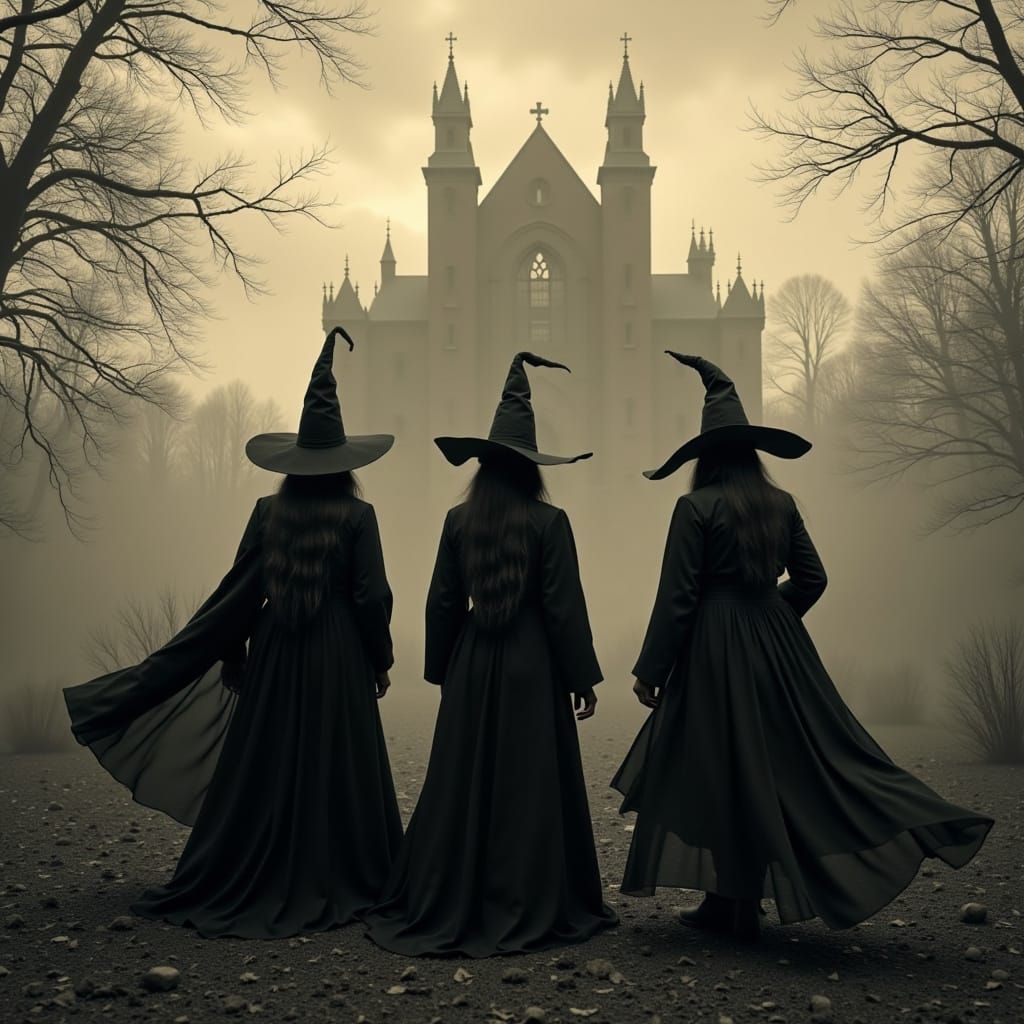 Witches Gaze at Gothic Castle in Sepia Photo