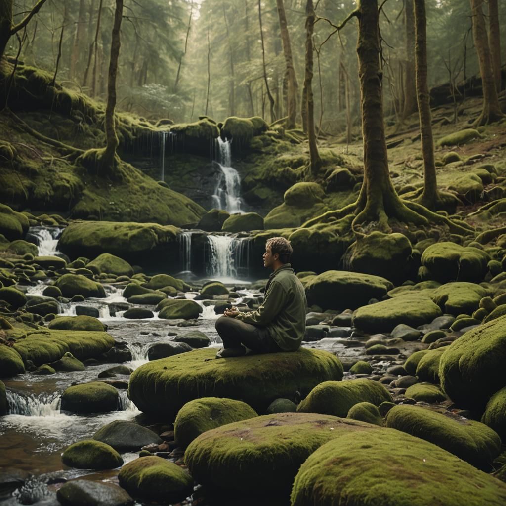 Serene Meditation by Waterfall in Lush Forest