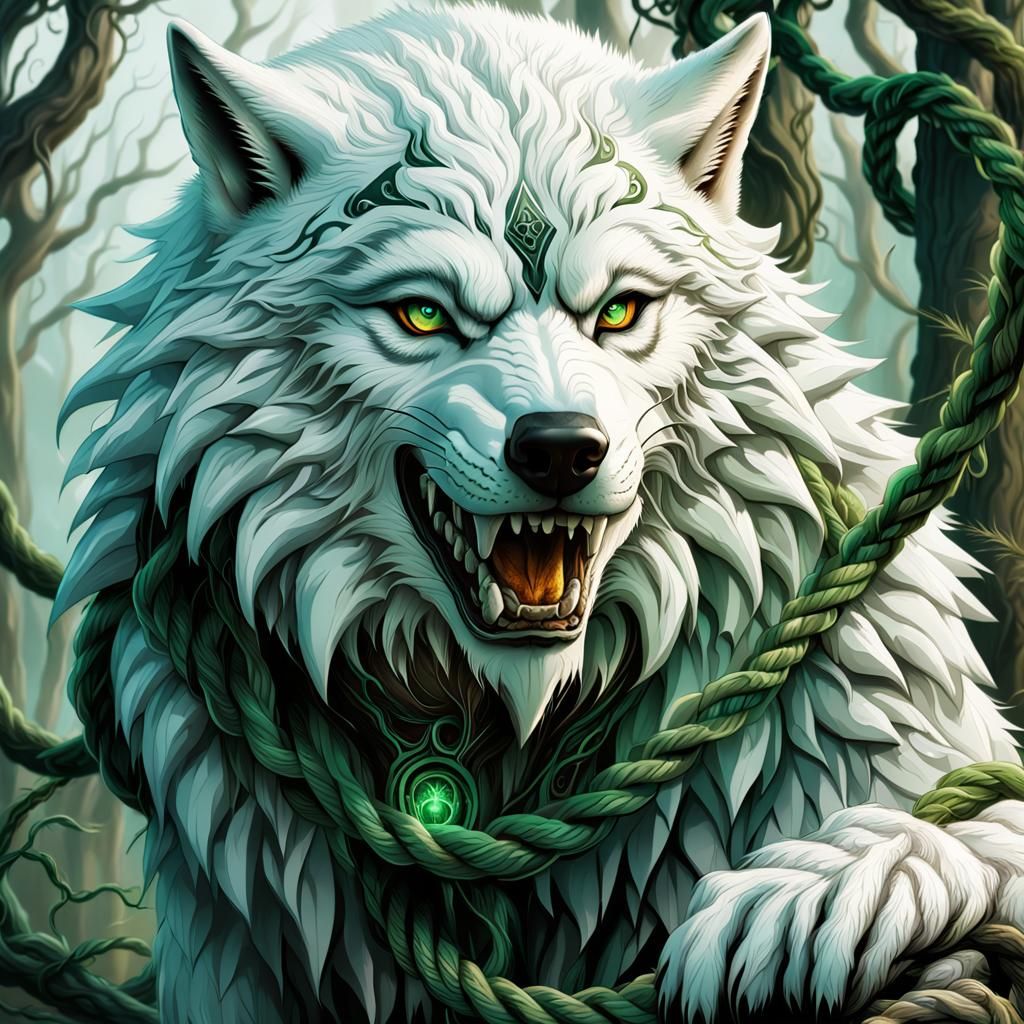Menacing White Wolf with Twisted Green Vines