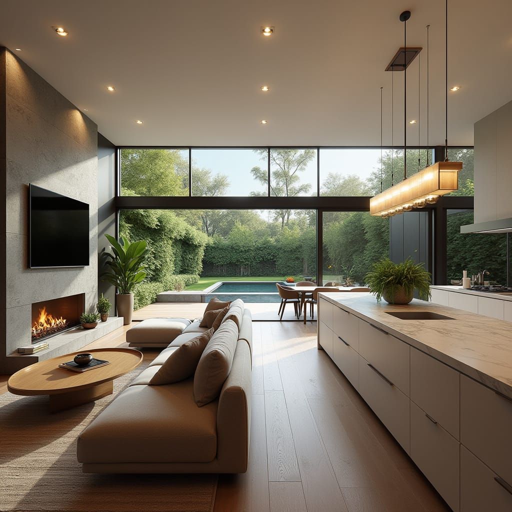 Luxurious Modern Living Space with Fireplace and Backyard Vi...